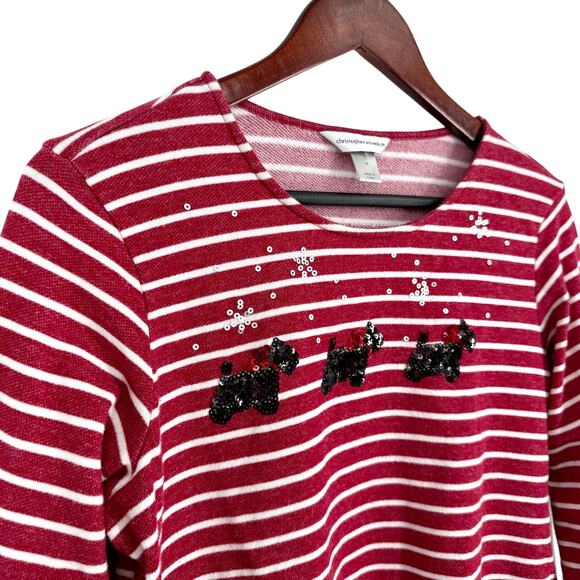 Christoper & Banks Sz Medium Christmas Scottie Dog Artsy Red Blouse Shirt Top - Picture 3 of 6